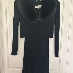 Taylor Black Ribbed Knit Dress w/Faux Fur Knit Jacket-Sz S